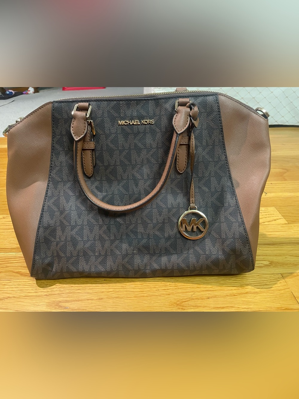 Michael Kors Ciara Large Brown Logo Satchel with Tan Accents Gold Bag Charm